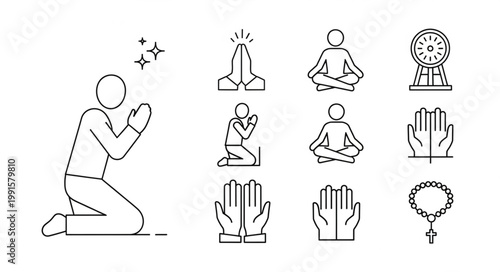 Collection of religious icons and symbols for prayer and meditation.