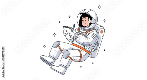 Astronaut in space taking notes with stars illustration on white background