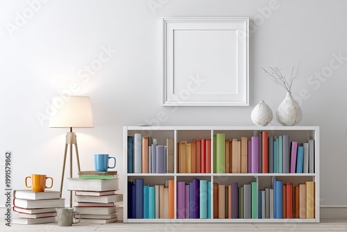 A brightly colored bookshelf filled with books stands beside a stack of books and a lamp against a clean white wall, creating a cozy and inviting interior scene.