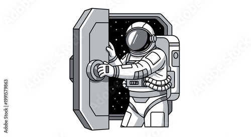 Astronaut opening space door in vector illustration with copy space