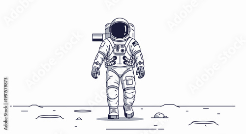 Astronaut walking on the moon surface vector illustration with copy space