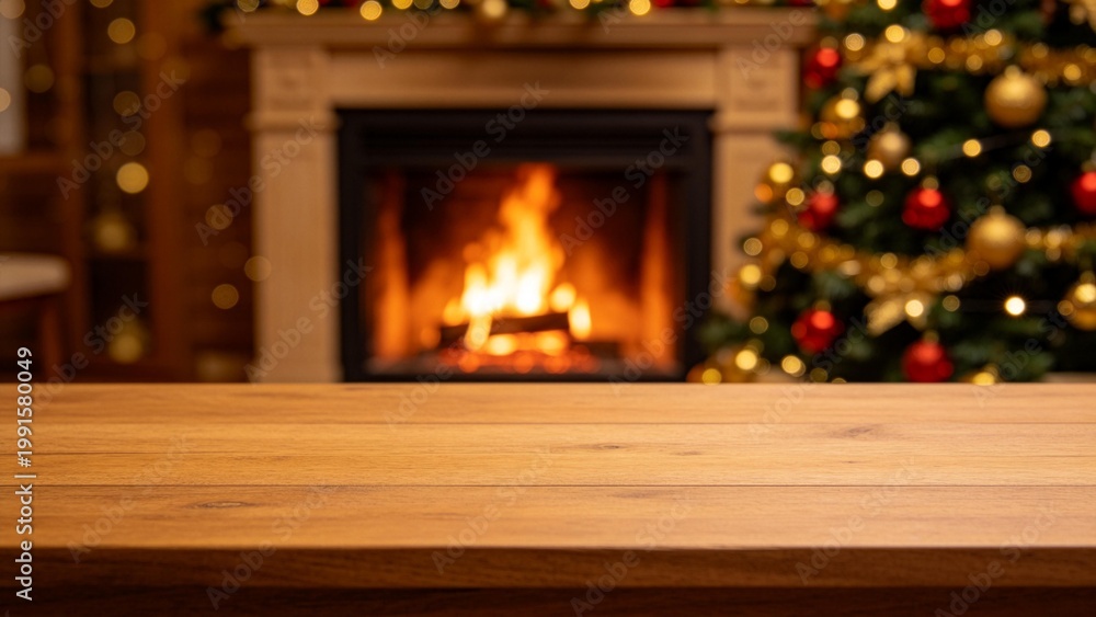 Obraz premium Wooden table with fireplace and Christmas tree