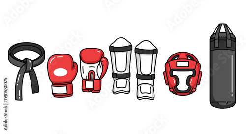 Boxing equipment illustration gloves headgear belt shin guards and punching bag