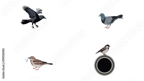 Avian Assembly: A collection of various birds showcases diverse species in a minimalistic presentation, offering a glimpse into the avian world.