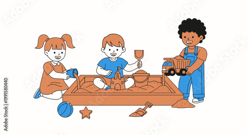 Children playing in sandbox construction fun with toys vector illustration