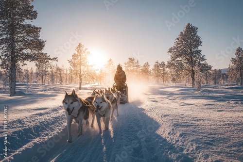 A musher guides a team of energetic Siberian huskies through a snowy forest landscape bathed in the warm glow of the setting sun.