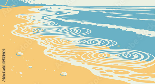 Coastal illustration depicts water ripples on sandy beach near ocean