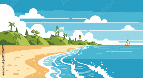 Coastal illustration of beach coastline with lighthouse and sailboat under clear skies
