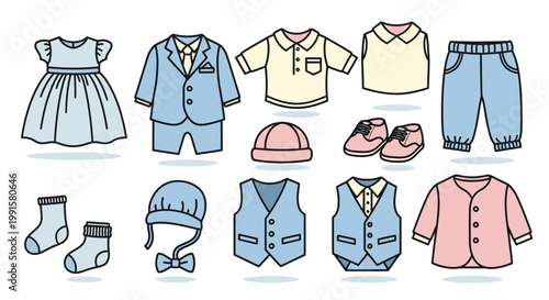 Collection of childrens clothing in pastel colors for fashion design