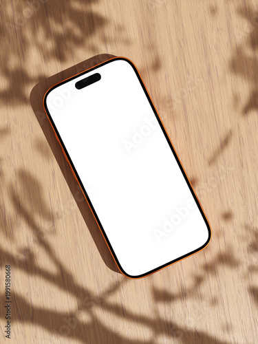 Angled smartphone mockup on light wooden floor with leaf shadow effects.