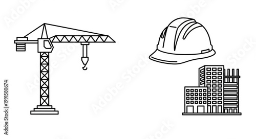 Construction crane building and hard hat illustration.