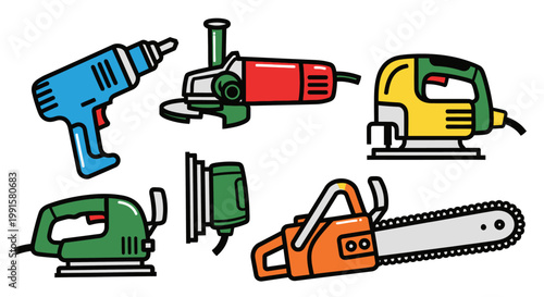 Collection of power tools illustrations for construction and repair projects