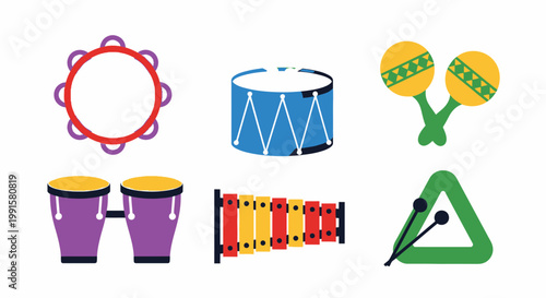 Colorful musical instruments illustrations isolated on white background
