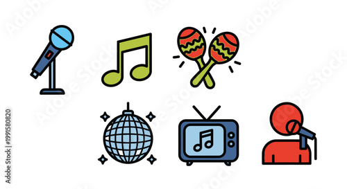 Colorful music icons microphone note maracas disco ball tv
