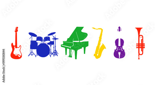 Colorful musical instruments silhouettes on white background