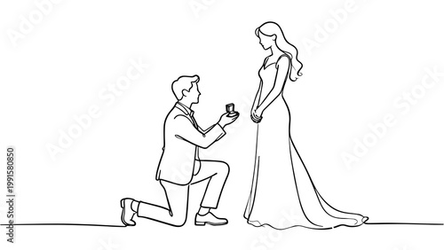 Minimalist Continuous Line Art Wedding Proposal Couple Romantic Marriage Concept for Greeting Card PNG
