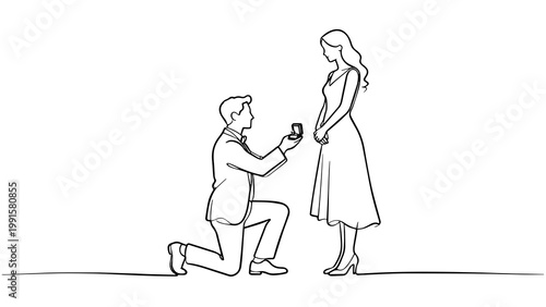 Minimalist Continuous Line Art Man Proposing to Woman Romantic Engagement Concept for Wedding Greeting Card PNG