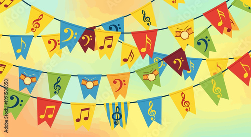 Colorful festive bunting flags with various musical notes and symbols for celebration.