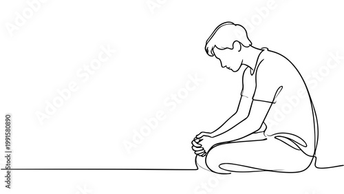 Minimalist Continuous Line Art Sad Man Sitting Alone Emotional Loneliness Concept for Mental Health Awareness PNG