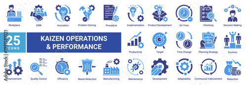 Kaizen icon set featuring operations,efficiency,quality control,problem solving,and continuous improvement.Ideal for manufacturing,workflow optimization,and business process management projects.