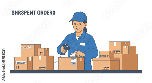 Delivery worker scanning packages ready for shipment isolated design