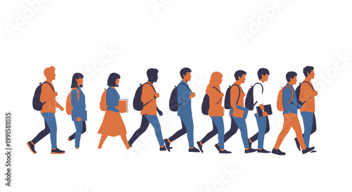 Diverse group of students walking with backpacks against a white backdrop