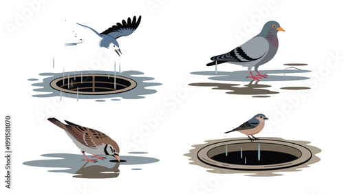 Bird's-Eye View: A captivating scene showcases diverse avian species interacting with unique manhole covers. A story of nature and urban life unfolds with vivid detail.