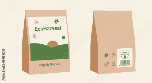 Eco friendly granola packaging illustration front and back views with design
