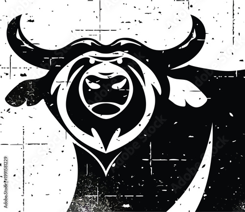 A black and white illustration of a bull's head