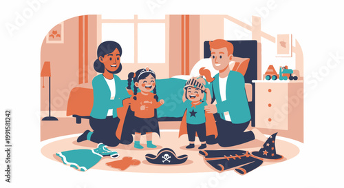 Family playing dress up in a bedroom with costumes and happy children