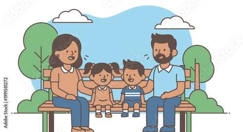 Family sitting together on a park bench under blue sky illustration
