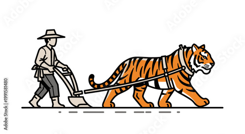 Farmer plowing field with tiger cartoon illustration isolated on white