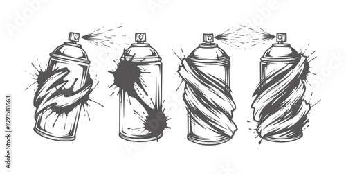 Four black and white spray paint cans with dynamic paint splatter