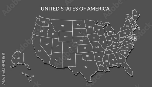 A detailed black political map of the United States of America with an abbreviated names of states21. Vector flat clipart.