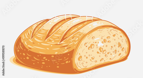 Freshly baked bread loaf illustration with a sliced portion on white background