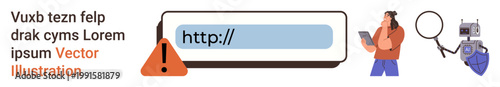 Cybersecurity, online threats, internet safety, digital investigation, fraud detection, data protection. Warning icon beside an HTTP link and figures investigating. Cybersecurity and online threats