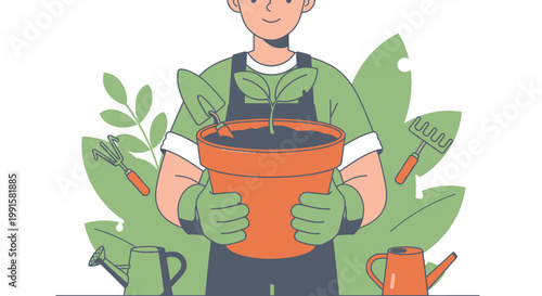Gardener holding potted plant illustration for nature or sustainability concepts