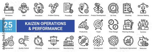 Kaizen icon set featuring operations,efficiency,quality control,problem solving,and continuous improvement.Ideal for manufacturing,workflow optimization,and business process management projects.