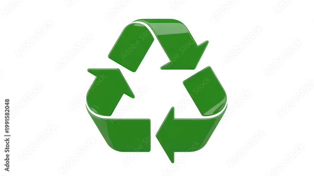 Obraz premium Glossy green three arrow recycling symbol isolated on a white background, for sustainability isolated on a transparent background