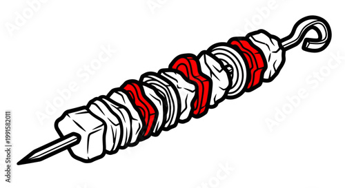 Grilled skewer of meat and vegetables isolated on white background