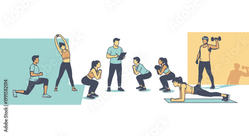 Group fitness training session demonstrating various exercise activities