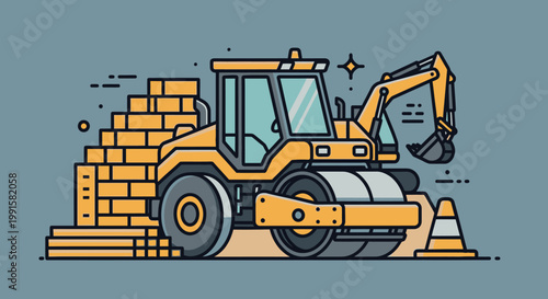 Illustrated construction vehicle and brick wall on a teal background