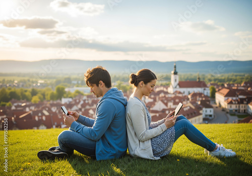 Couple sitting back to back on grass using smartphones in sunset city