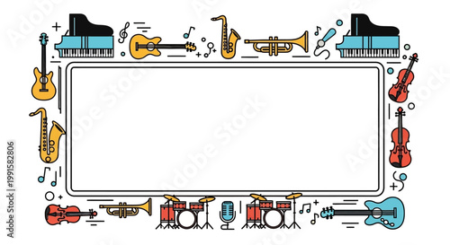 Decorative frame featuring colorful hand drawn musical instruments.