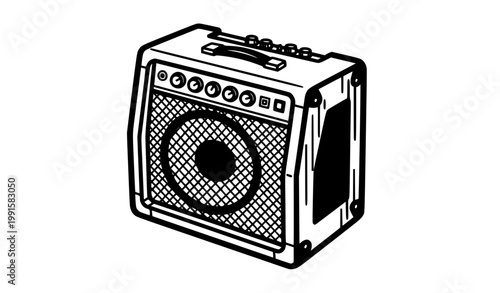 Retro style guitar amplifier vector illustration with classic speaker cabinet and control panel isolated on white background