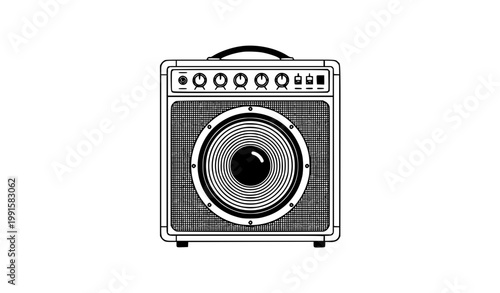Stylized guitar amplifier vector illustration with control knobs speaker grill and clean modern design isolated on white