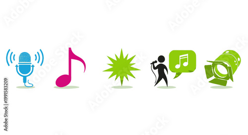 Music themed icons representing sound broadcasting and stage performance concepts
