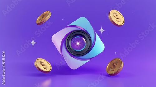 Camera lens and gold dollar coins floating on purple background with stars