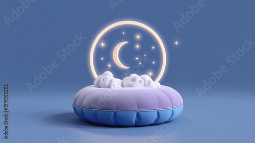 Crescent moon and stars neon light with clouds on blue backdrop