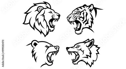 Roaring lion tiger bear and wolf head icons in black and white